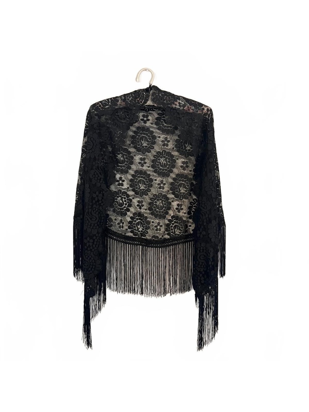 Vintage Black Lace Fringe Shawl Wrap Boho Whimsigoth Witchy